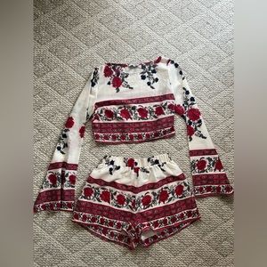 Two piece a high waisted elastic shorts and cropped shirt